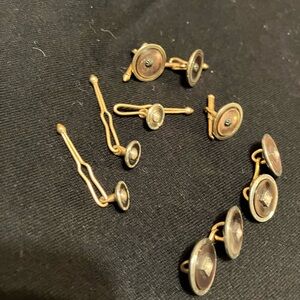 Set of Krementz Vintage Cuff Link and Stud 14k Rose Gold With Platinum Bezel